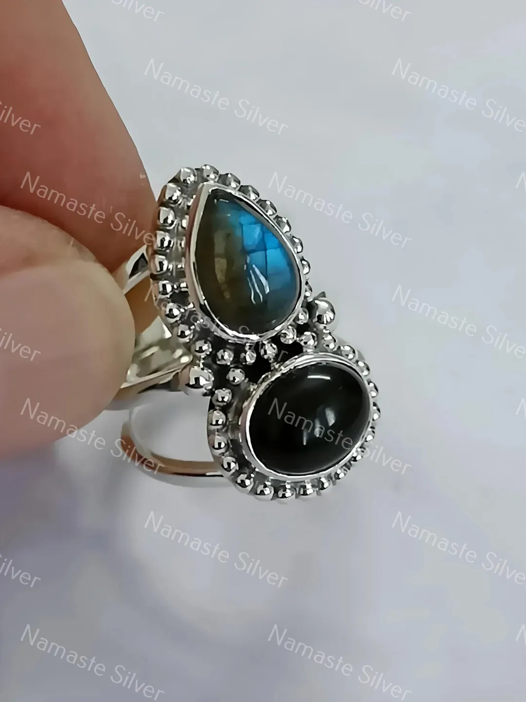 Labradorite Ring Sterling Silver with Black Onyx: Handmade Dual