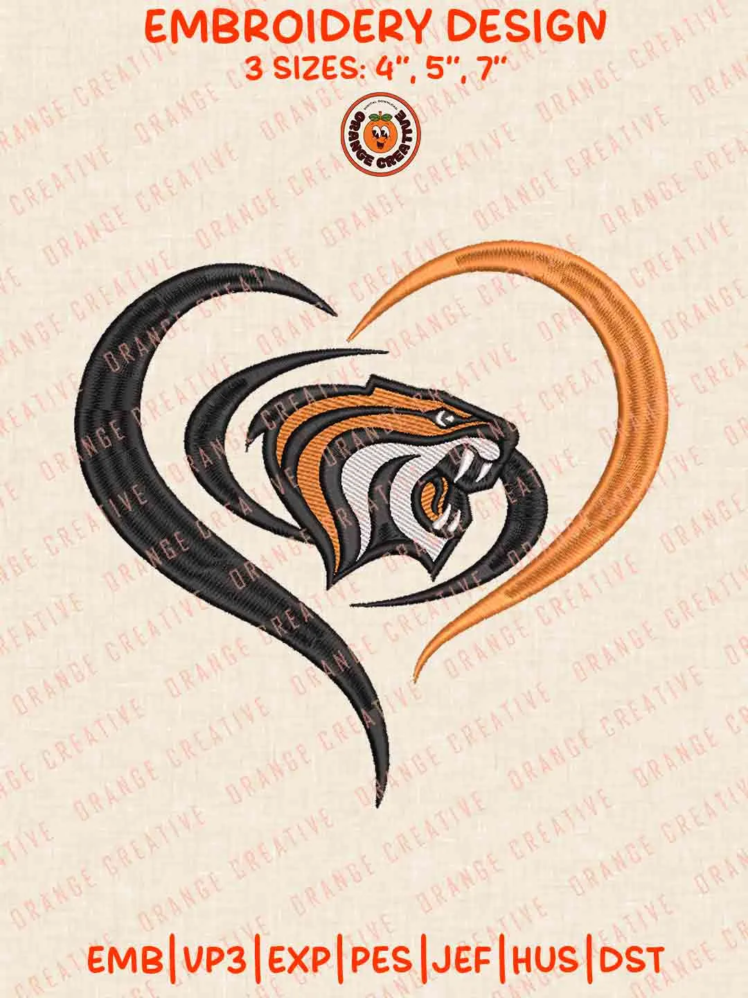 Pacific Tiger Heart Embroidery Design Files, Football Embroidery Designs, Sport Machine Embroidery Files, 3 Sizes, Custom Sizes, Instant Download