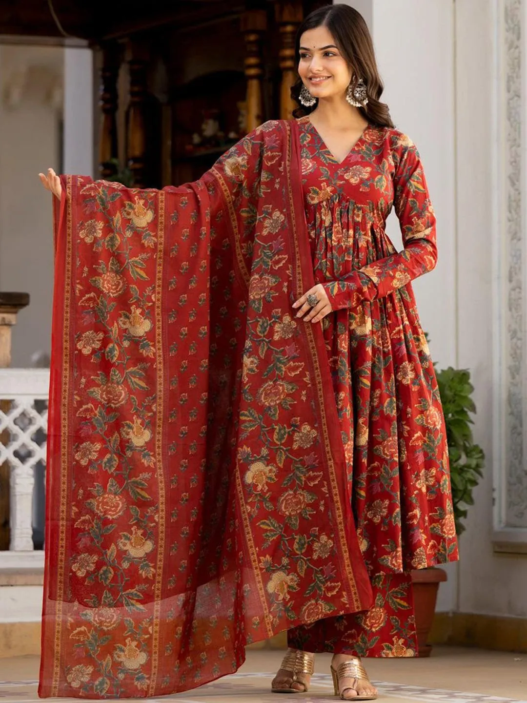 cotton dress with dupatta Red Floral Anarkali Design Cotton Kurti Set With Dupatta