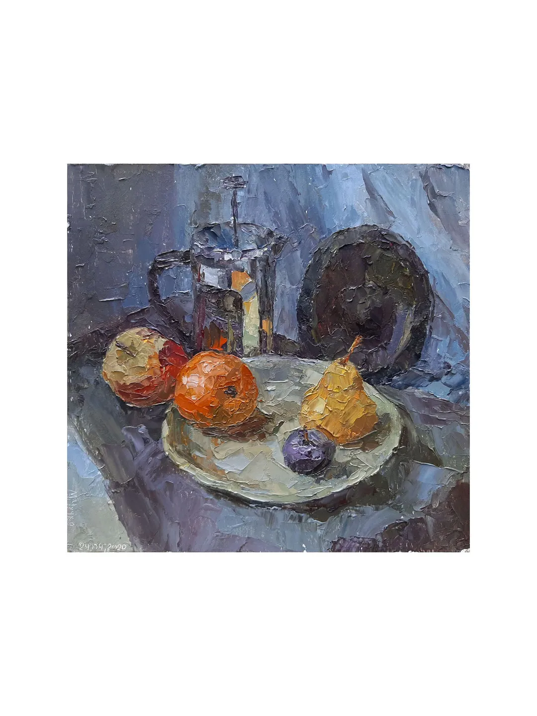 Orange Plum PAINTING 8,7x9" ORIGINAL ART Kitchen Artwork Fruit Still Life Signed by artist Marina Chuchko