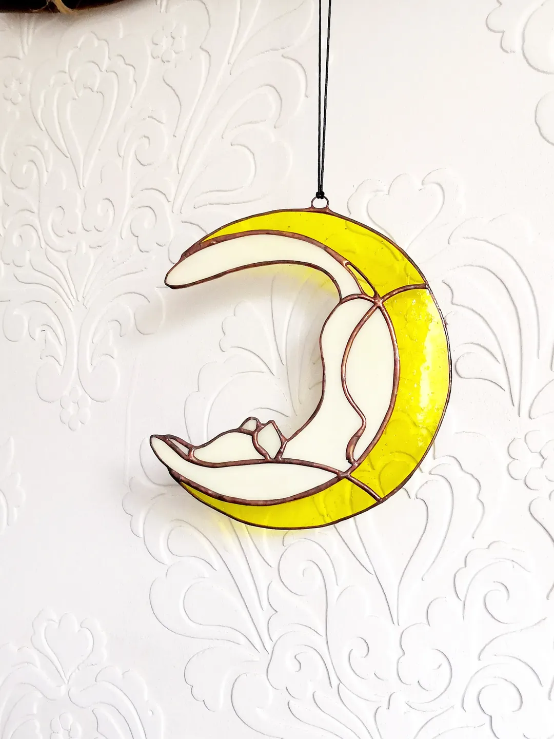 Stained Glass Sun Catcher Moon and White Cat