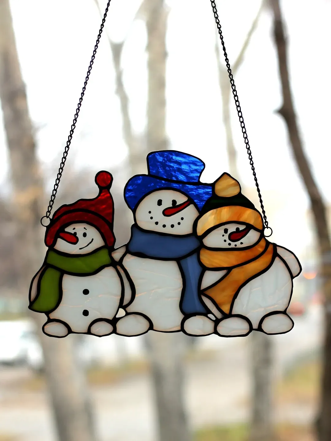 Stained Glass Suncatcher, Stained Glass Panel, Family snowmen, Christmas Decor, Christmas window hanging, Christmas Gift