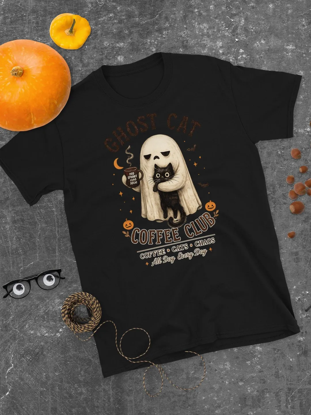 Ghost Cat Coffee Club Shirt, Spooky Black Cat Halloween Tee, Cozy Autumn Coffee Lover Gift, Cute Ghost Graphic Unisex T-Shirt