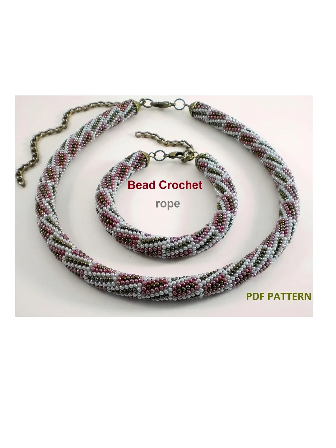 Bead crochet rope patterns for beading «Peekaboo» necklace and bracelet. Instant Download, PDF pattern
