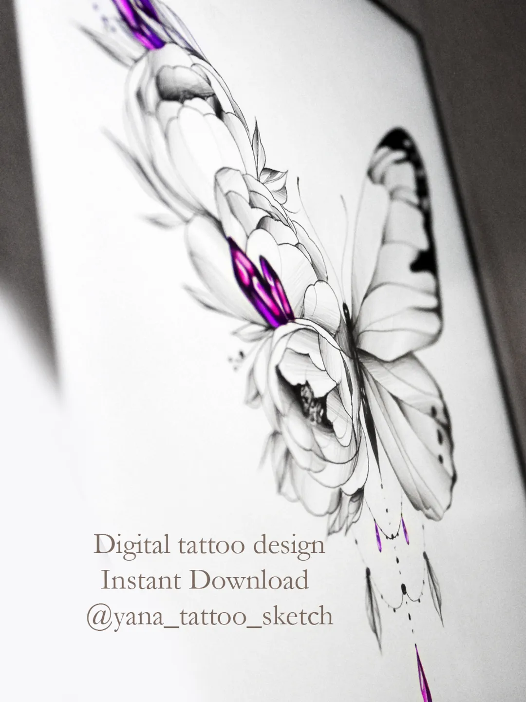 Butterfly Tattoo Designs Fine Line Butterfly Tattoo Ideas Sketch With Flowers, Instant download JPG, PDF