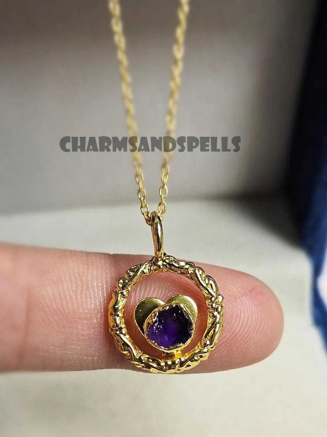 Raw Amethyst Heart Necklace, 14K Gold Plated Boho Pendant, Healing Crystal Jewelry Gift