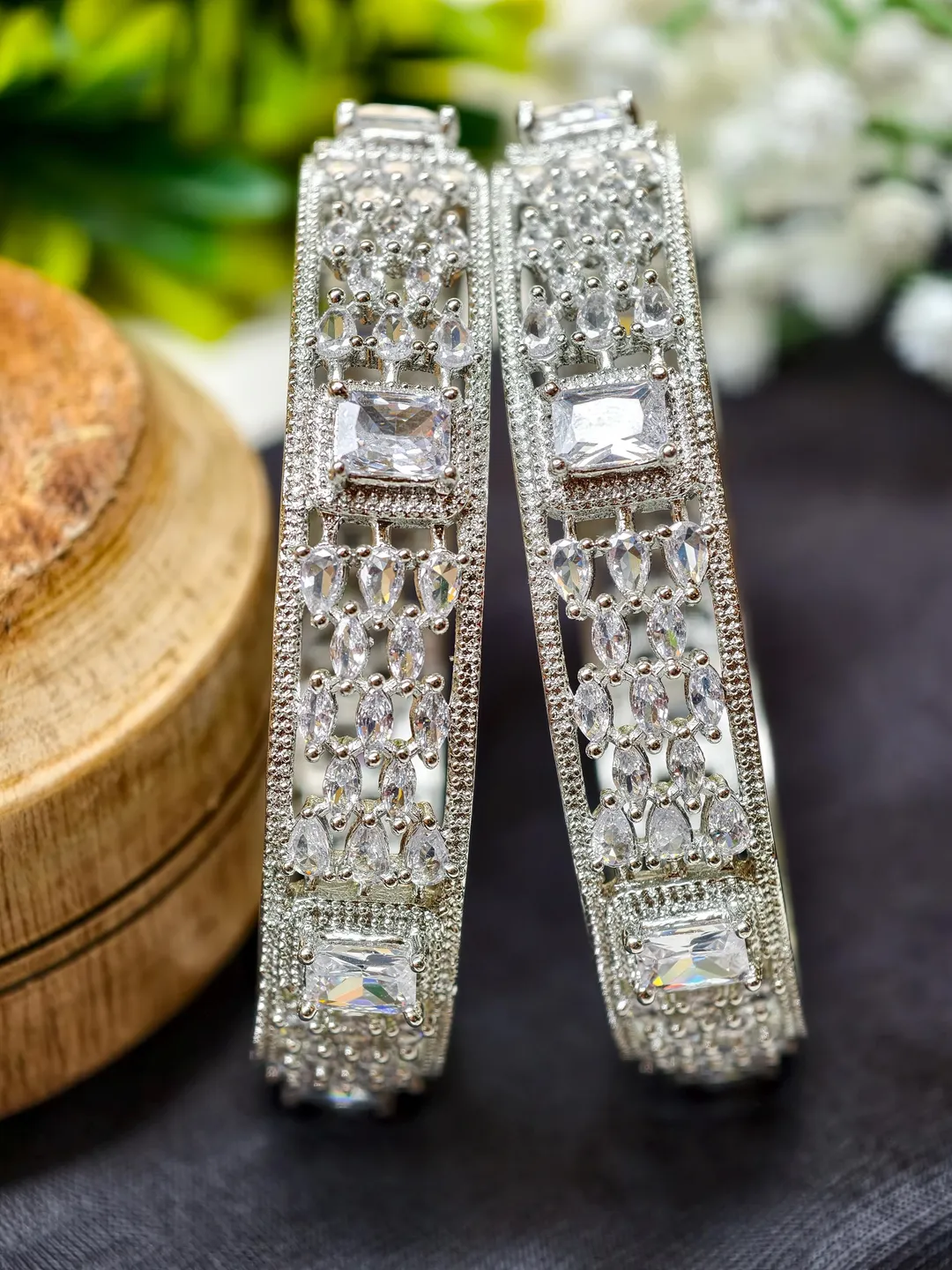 Silver Plated CZ Bangle Bracelets Set: Traditional Intricate Cutwork ...