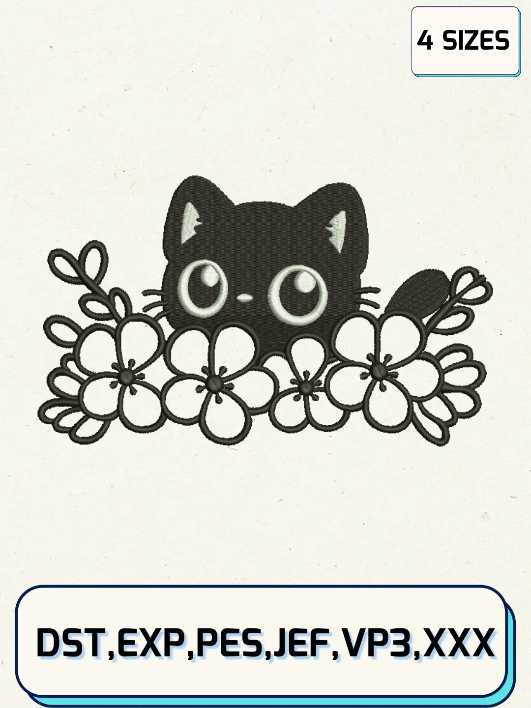 Cat FLower Embroidery Design Files, Animal Logos Embroidery Designs, Machine Embroidery Files, 4 Sizes