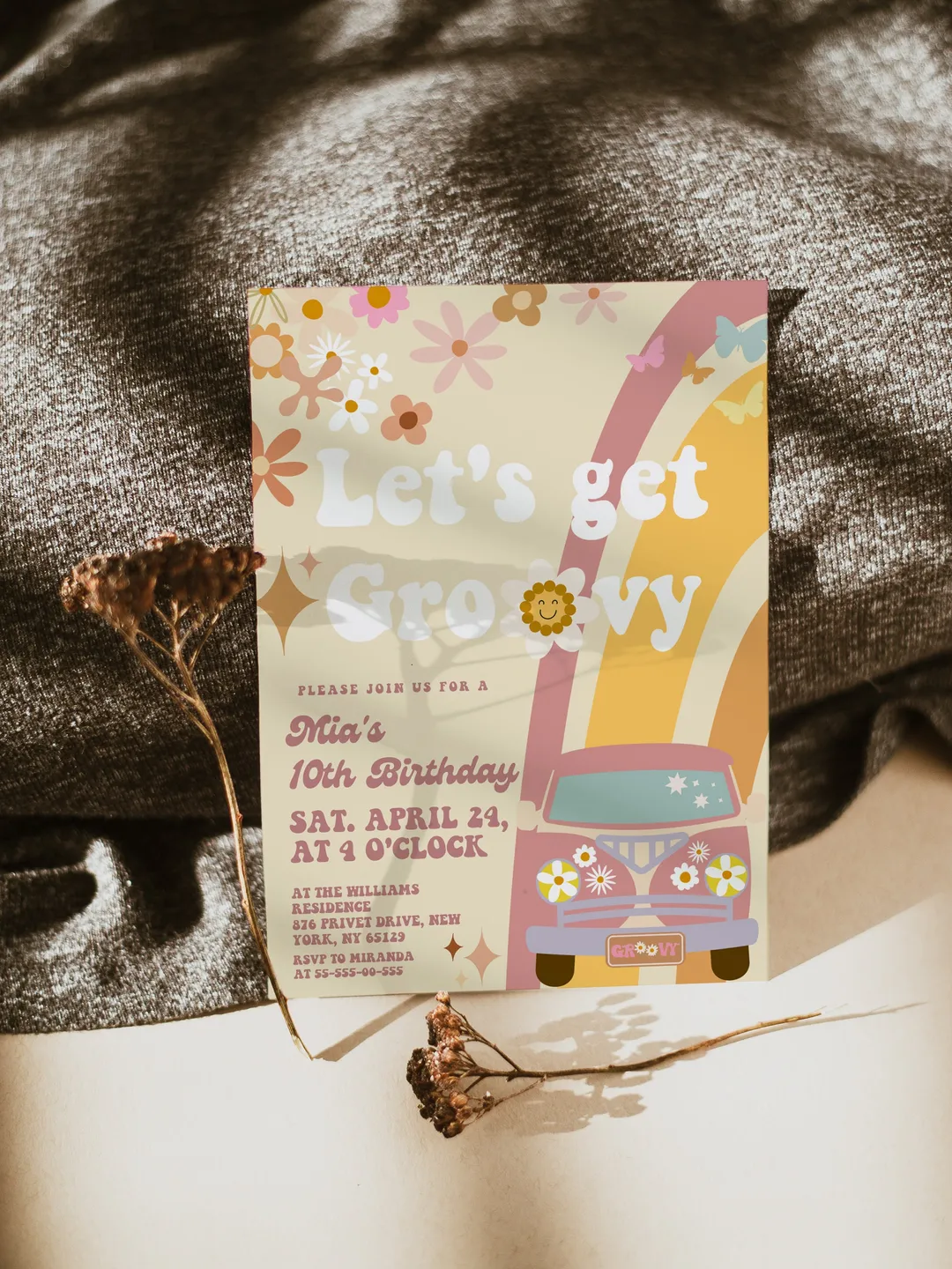 Let's get Groovy Editable Any Age Pink Groovy Van Daisy Rainbow Hippie Birthday Invitation Let's get Groovy 1st Birthday Invitation ; gr2