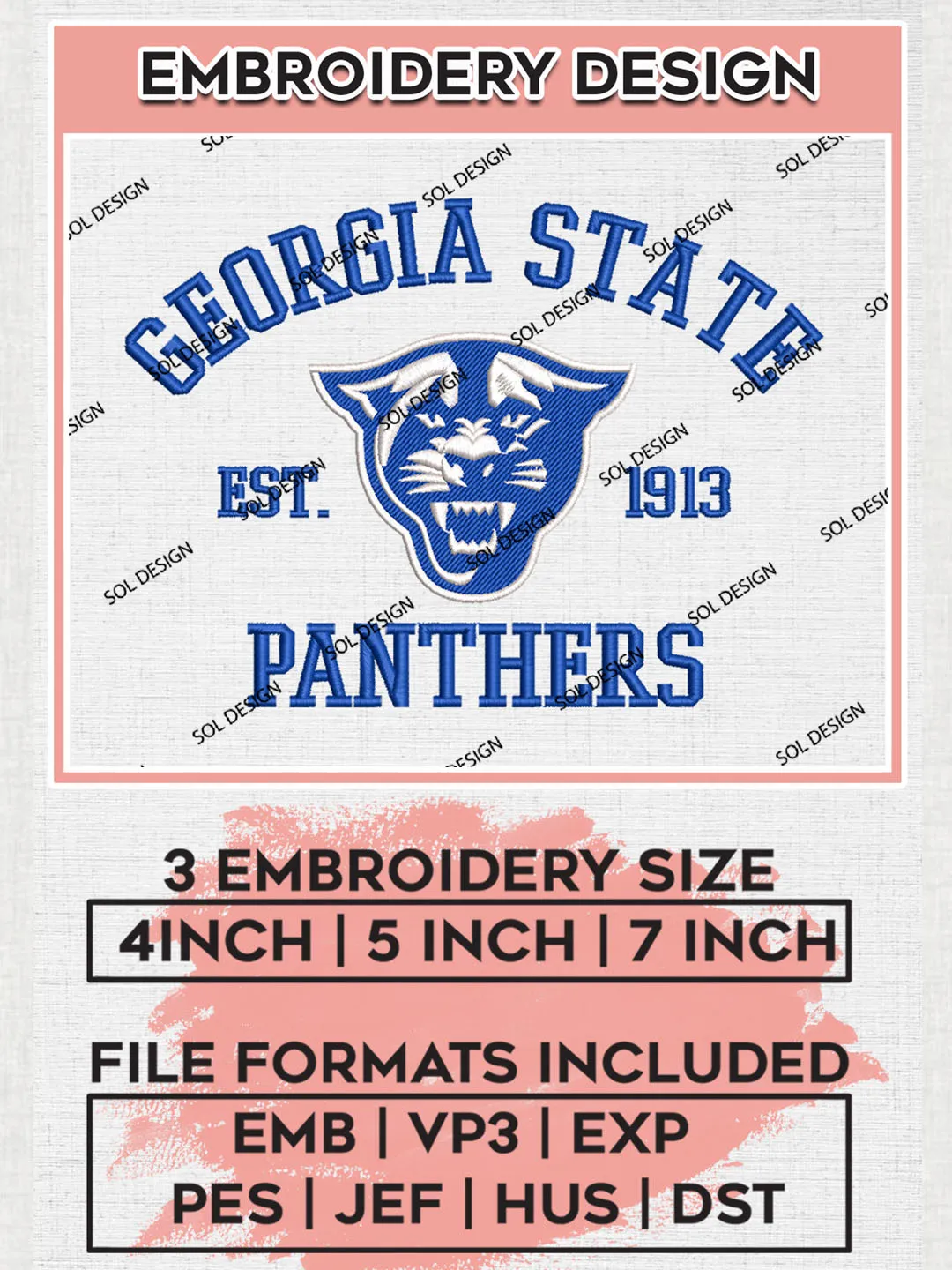 Georgia State Panthers Est 1913 Logo Embroidery Designs, NCAA Georgia State Panthers Team Embroidery, NCAA Team Logo, 3 sizes, Machine embroidery Files, Digital Download