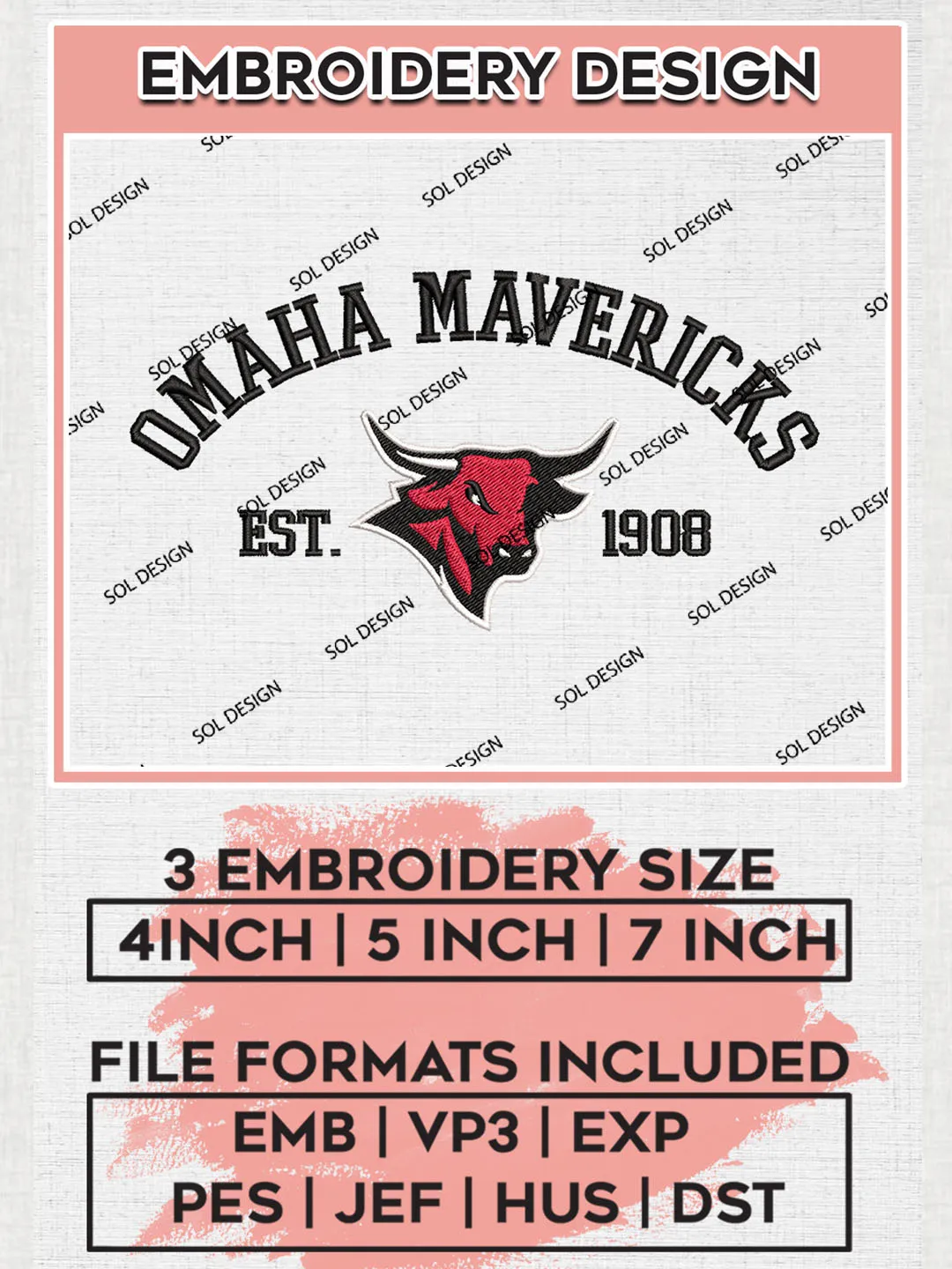 Omaha Mavericks Est 1908 Logo Embroidery Designs, NCAA Omaha Mavericks Team Embroidery, NCAA Team Logo, 3 sizes, Machine embroidery Files, Digital Download