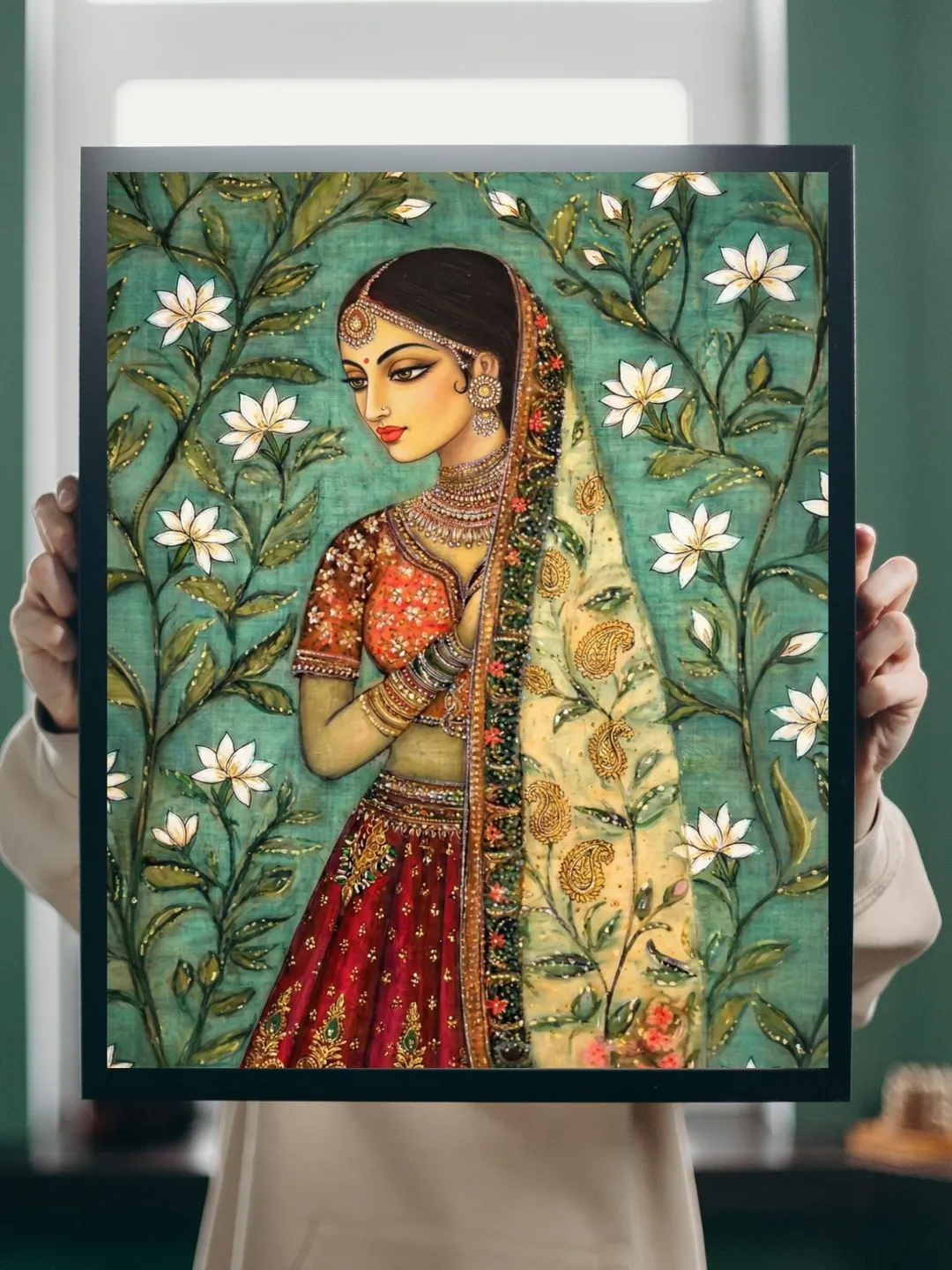 lady in the garden print, floral Madhubani Painting, Indian folk, woman ...