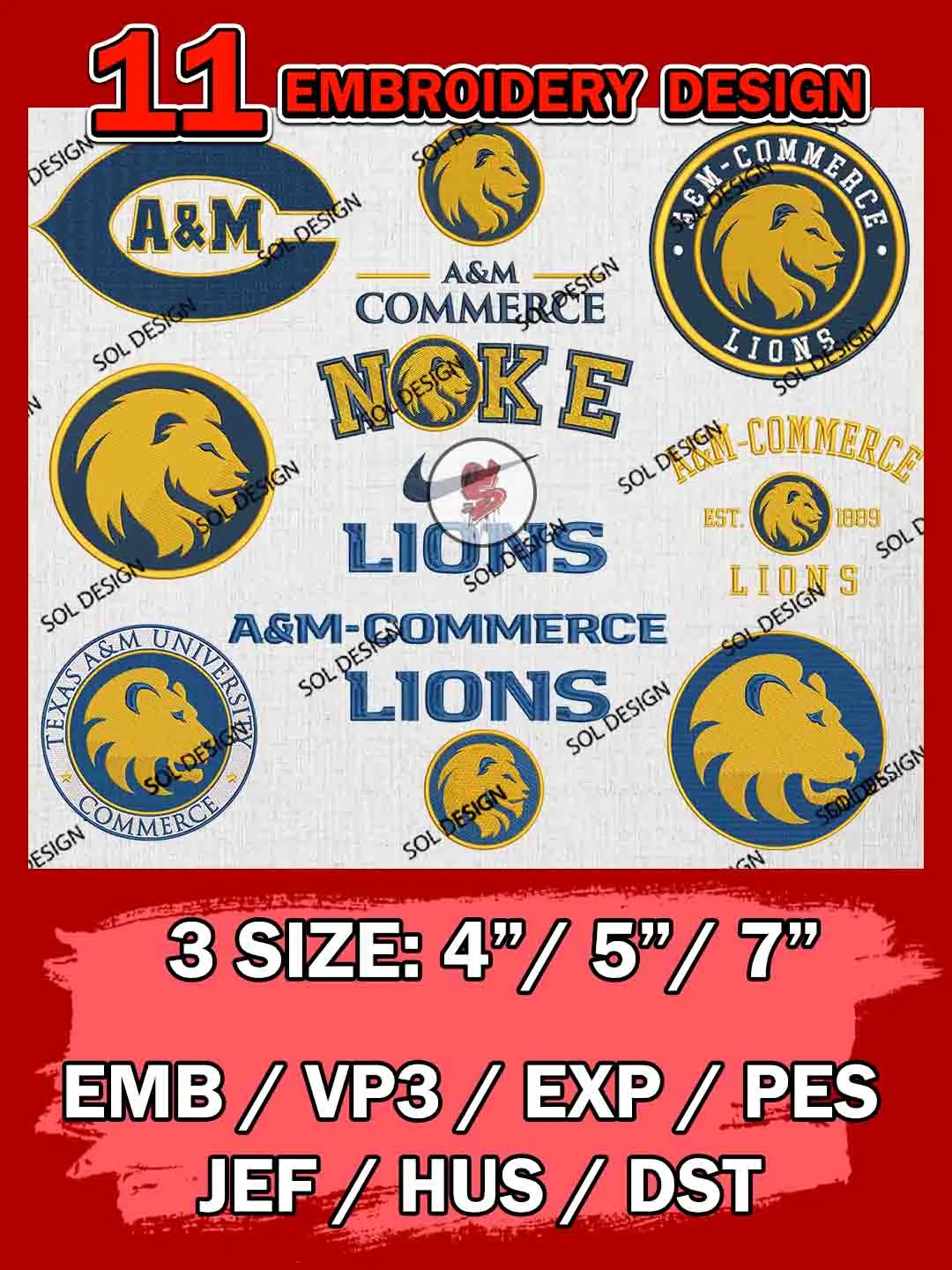 11 NCAA Texas AM Commerce Lions Bundle Embroidery Files, NCAA Texas AM Commerce Lions Team Bundle Embroidery Designs, NCAA Teams, National College Football Team 3 sizes, NCAA Texas AM Commerce Machine Embroidery, Digital Download
