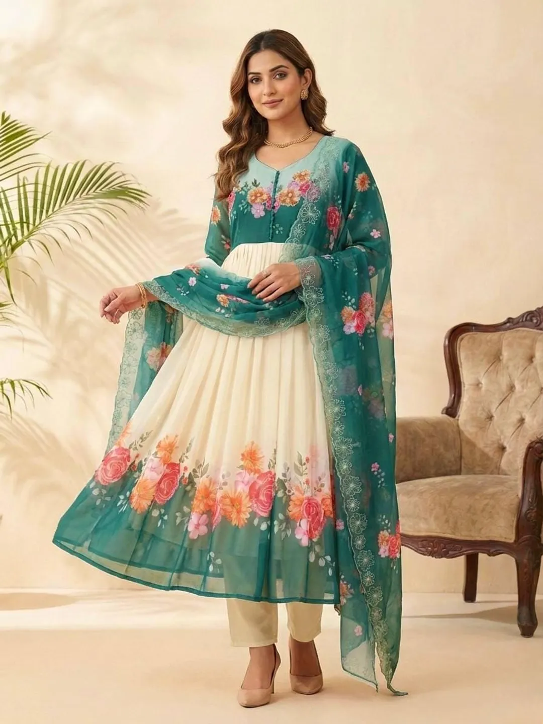 Teal & Cream Floral Georgette Anarkali Gown with Tabby Silk Dupatta, Handwork Neck