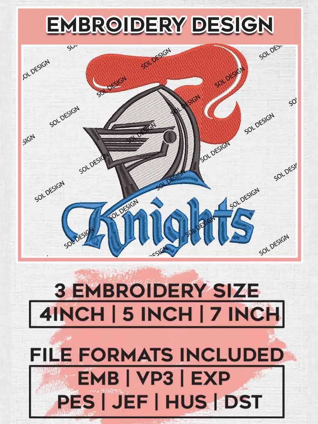 NRL Newcastle Knights Embroidery Design, National Rugby League Embroidery Design, New Newcastle Knights Logo Embroidery Design, NRL Machine Embroidery Digitized Pes File, 3 Sizes, Instant Download
