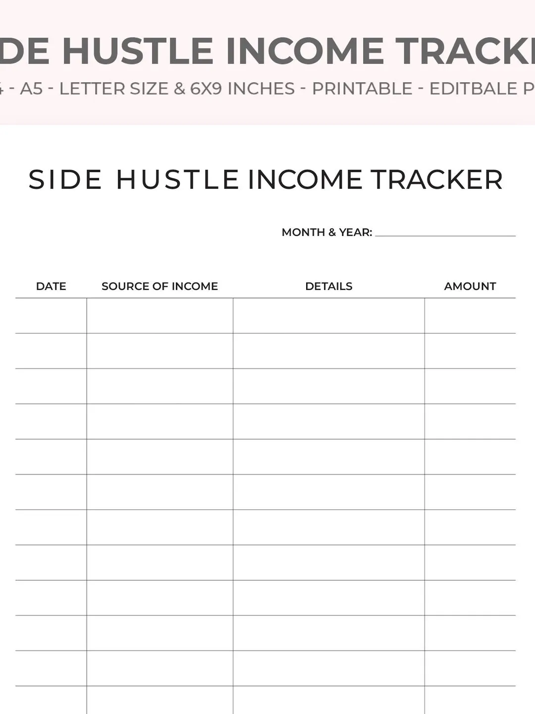Side Hustle Income Tracker Printable | Monthly Income Tracker PDF ...