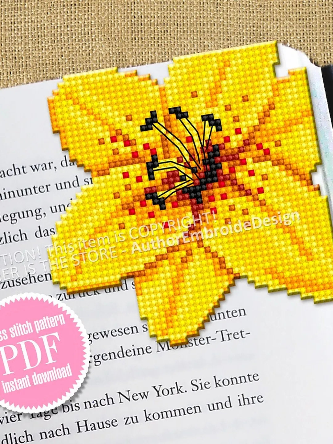 Corner bookmark cross stitch pattern PDF download Yellow lily cross stitch chart, Flower bookmark pattern digital PDF, Book lover gift #B316