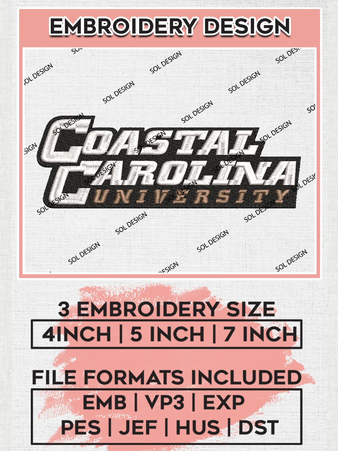 NCAA Coastal Carolina Chanticleers College Team Writing Logo Embroidery Design Files, NCAA Coastal Carolina Chanticleers Machine Embroidery, NCAA Teams, 3 sizes, NCAA Machine embroidery designs, Digital Download