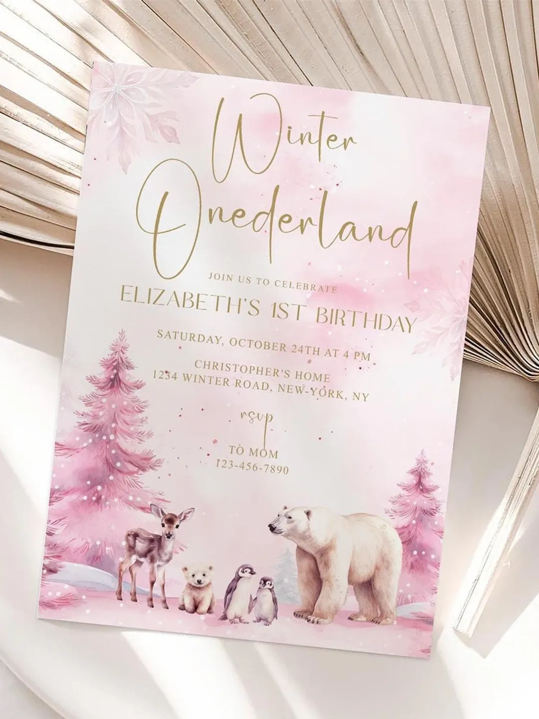 Winter Onederland Birthday Girl Invitations, Editable Pink Winter 1st Birthday Invite Template, Pink Christmas First Birthday Party - I123