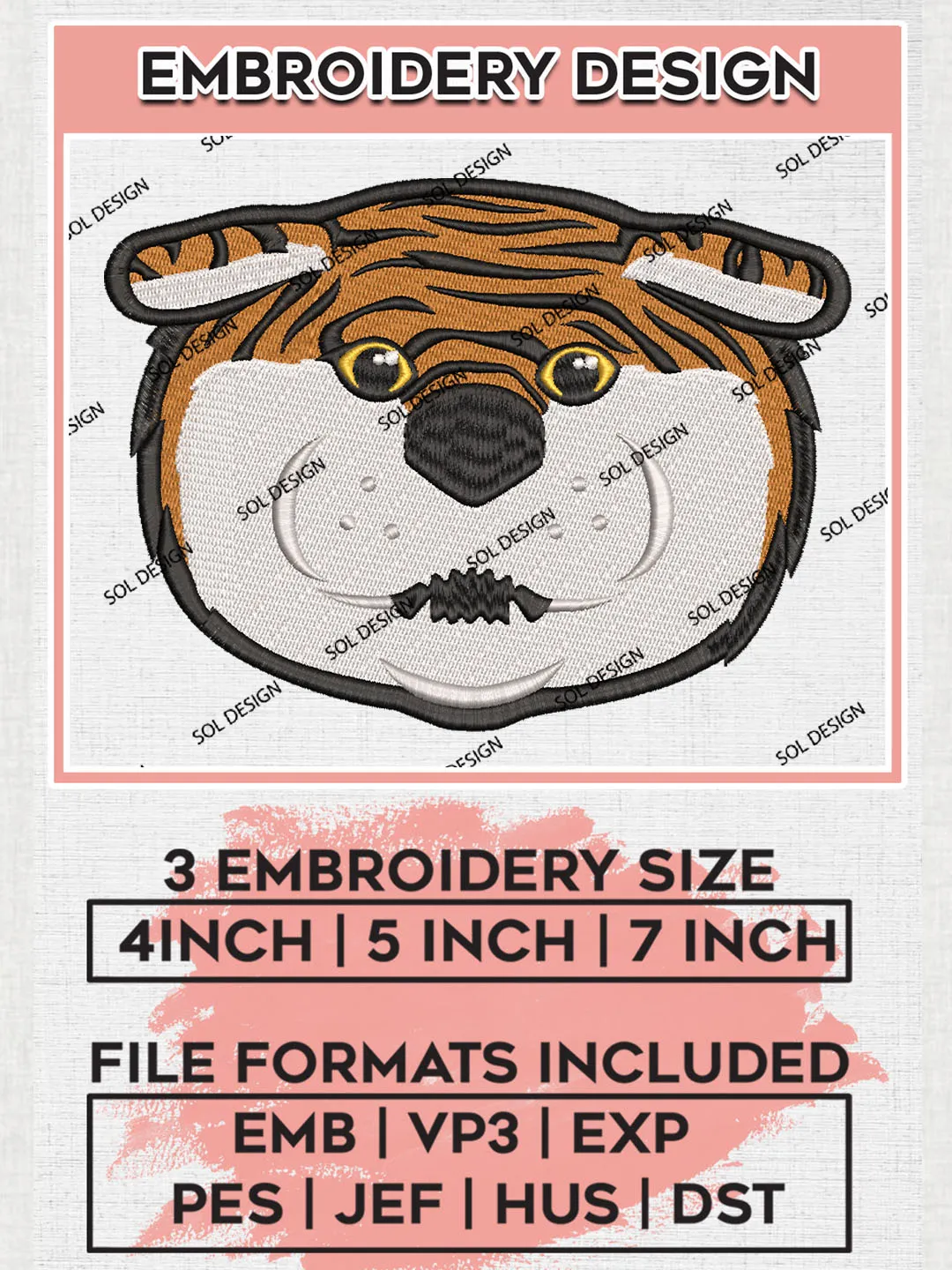 LSU Tigers NCAA College Team Head Mascot Logo Embroidery Design Files, NCAA LSU Tigers Machine Embroidery, NCAA Teams, 3 sizes, NCAA Machine embroidery designs, Digital Download