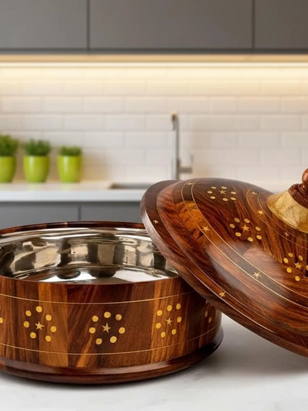 Steel Roti Keeper Handmade Sheesham Wood Hotpot, Brass Inlay Dome, Stainless Steel Bowl ...