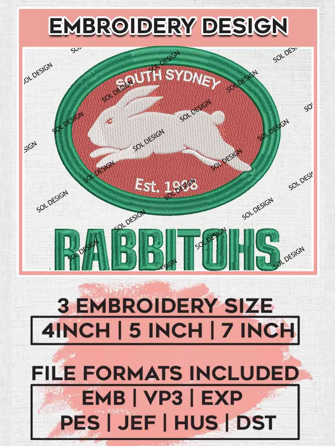 NRL Rabbitohs Embroidery Design, National Rugby League Embroidery ...