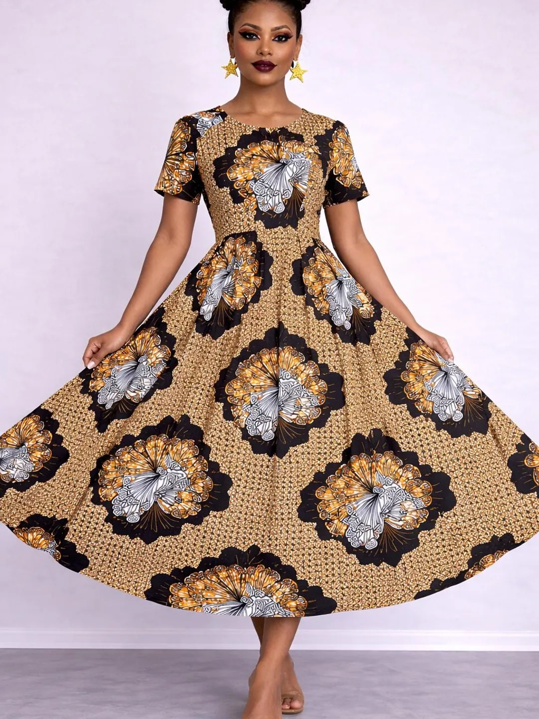 beige african dress Printed Blue Flare Short Sleeve Elegant Swing Women Statement Cotton African Ankara Midi Dress Skirt Elegant Dress The extra