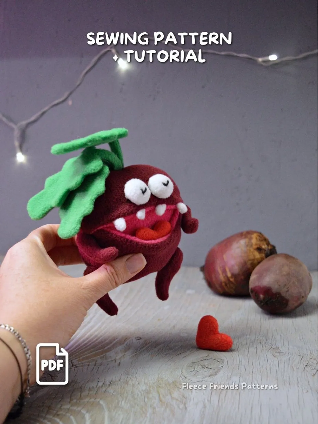 Beet Monster Plush Sewing Pattern PDF with Teeth & Secret Pocket
