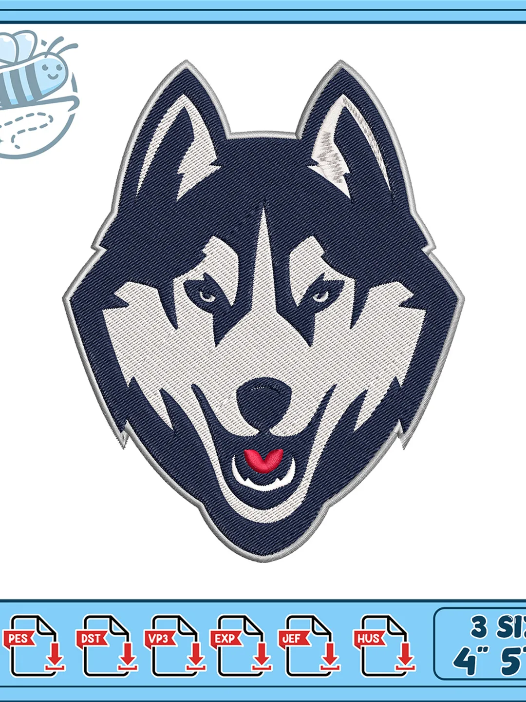 UConn Huskies Embroidery Design, Husky Dog Head Machine Embroidery File, College Mascot Embroidery, Instant Download Multiple Sizes
