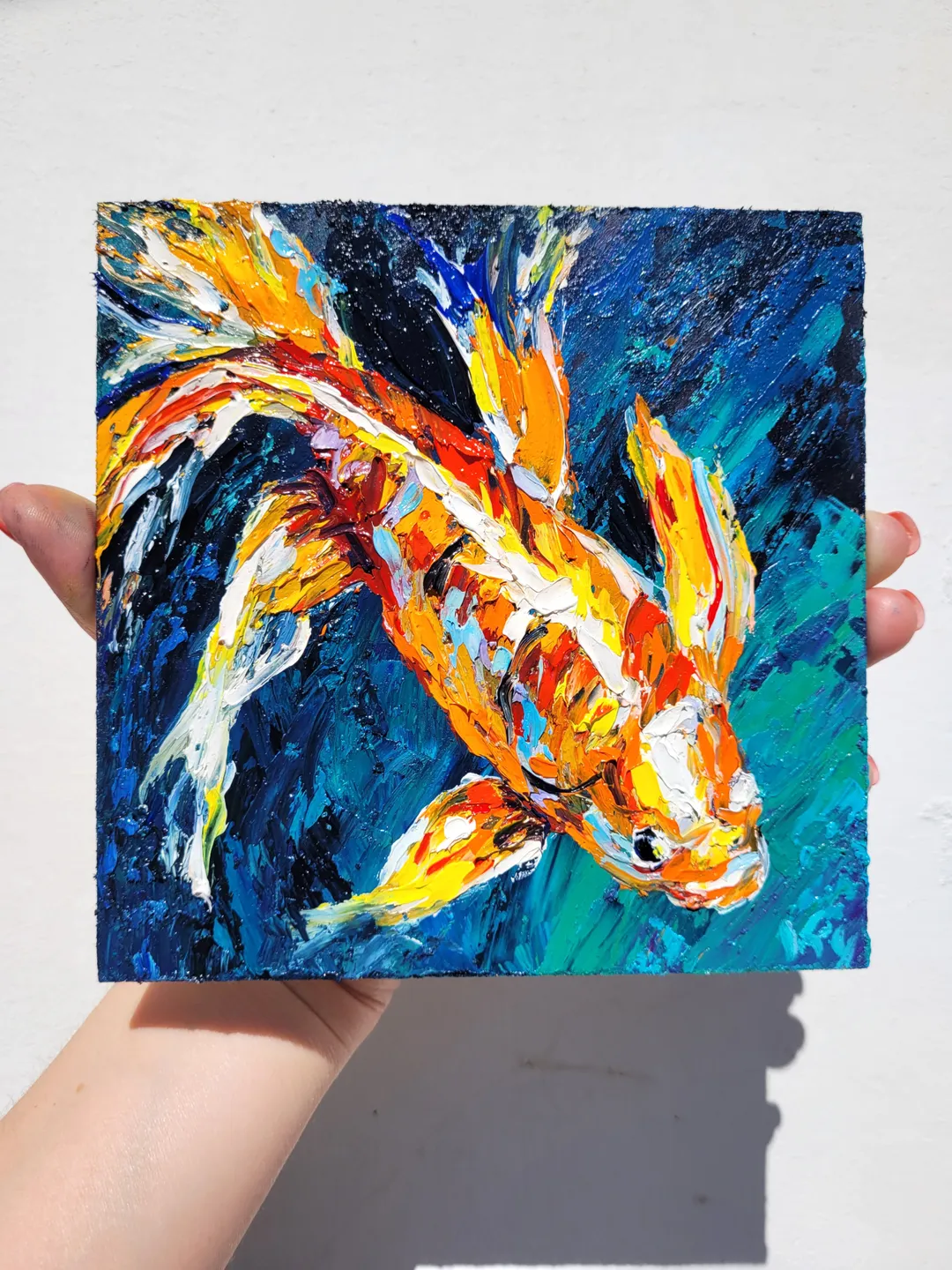 Koi Carp Fish Painting Goldfish Painting Original Impasto Oil Painting 6x6 Koi Carp Feng Shui Painting Seafood Painting Kitchen Wall Decor by ArtFromVictoria