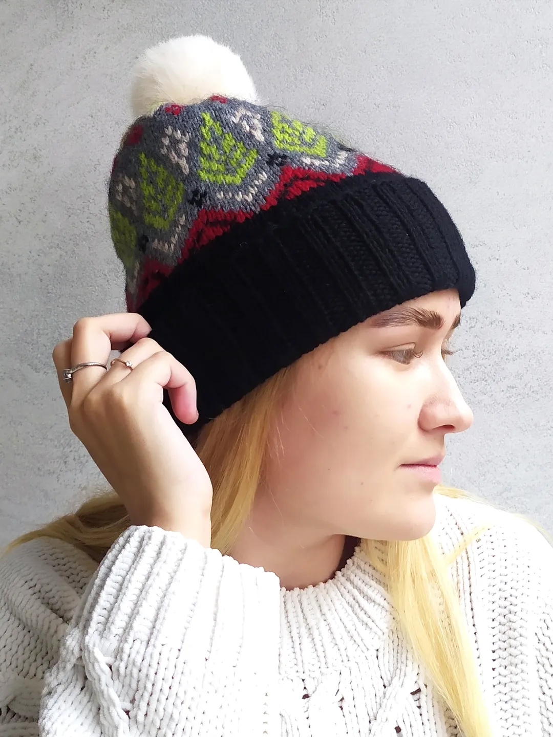 Warm jacquard knitted pompom hat