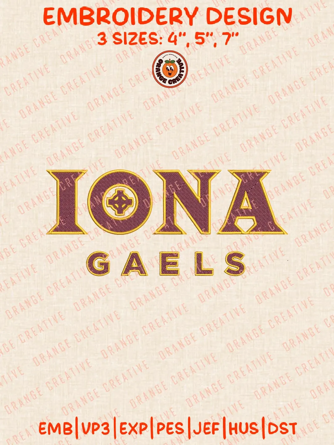 Iona Gaels Text Logos Embroidery Design Files, NCAA Logos Embroidery Designs, Machine Embroidery Files, 4 Sizes, Custom Sizes, Instant Download