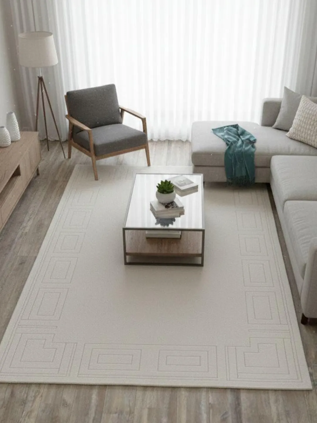 Neutral Tufted Rug Pattern Hand Tufted Wool Rug, Neutral Cream Greek Key Border Home Decor Rug