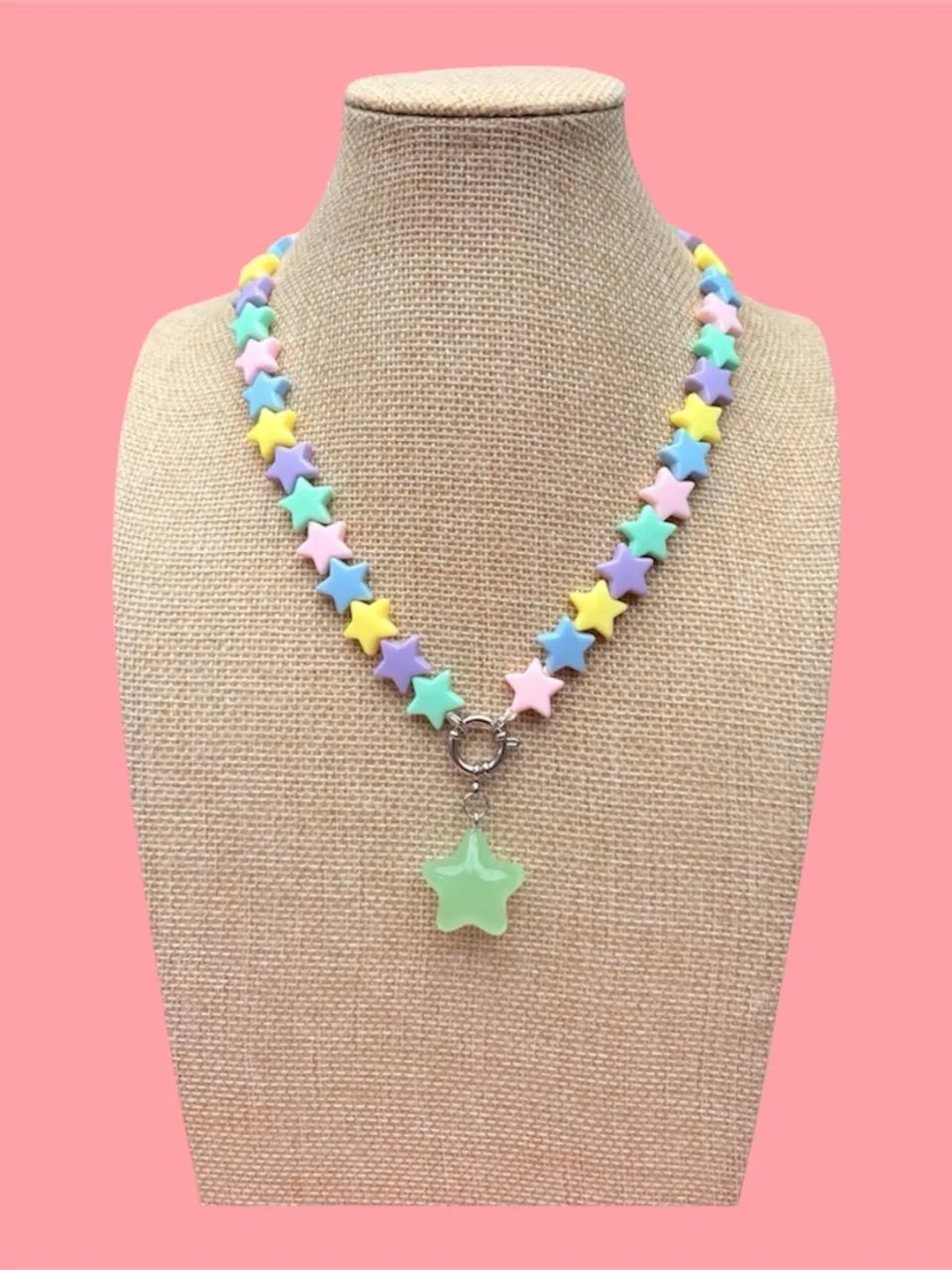 Pastel star beaded front fastening clasp & star pendant necklace, kawaii,dopamine,