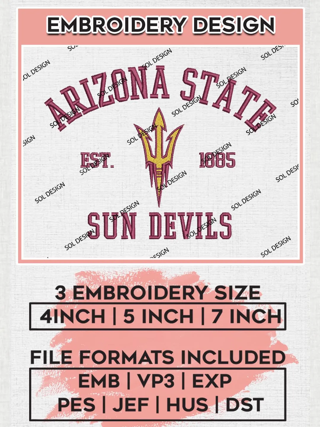 Arizona State Sun Devils Est 1885 Logo Embroidery Designs, NCAA Arizona State Sun Devils Team Embroidery, NCAA Team Logo, 3 sizes, Machine embroidery Files, Digital Download