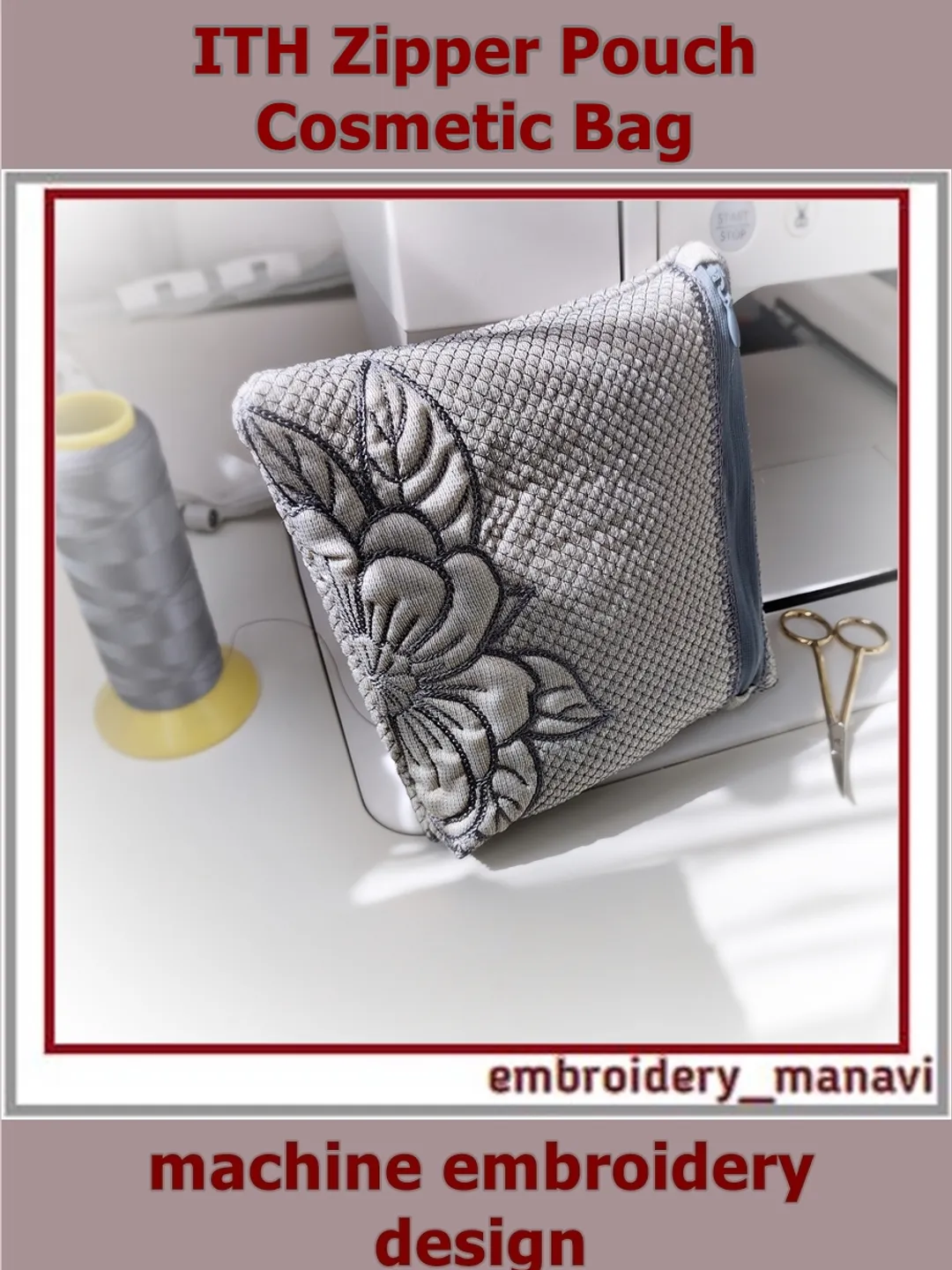 ITH Quilted Zipper Pouch & Cosmetic Bag Machine Embroidery Design - Geometry of Nature: Magnolia - 8x8 Hoop (2 Hoopings)