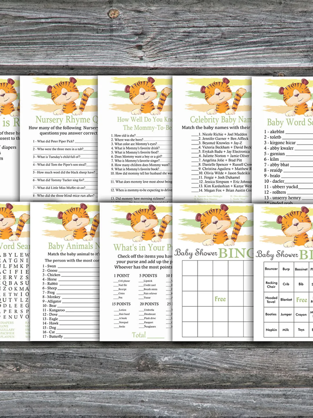 Tiger baby shower games bundle,Jungle Baby Shower games package,Fun Baby Shower Games,9 Printable Games-321