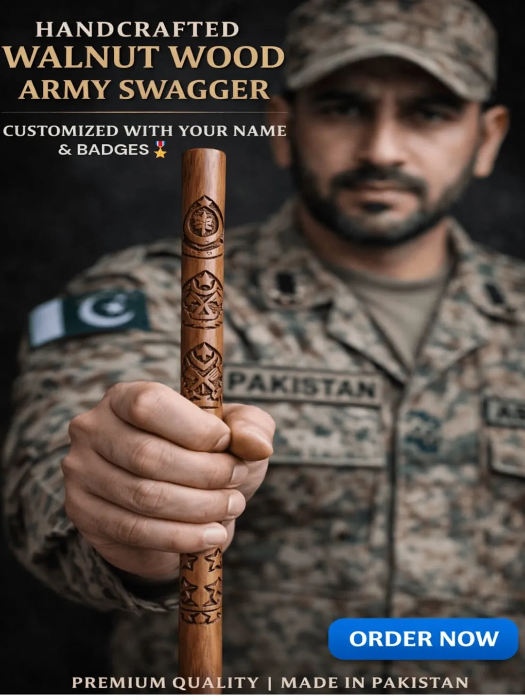 Swagger Sticker Handcrafted Walnut Wood Army Swagger Stick