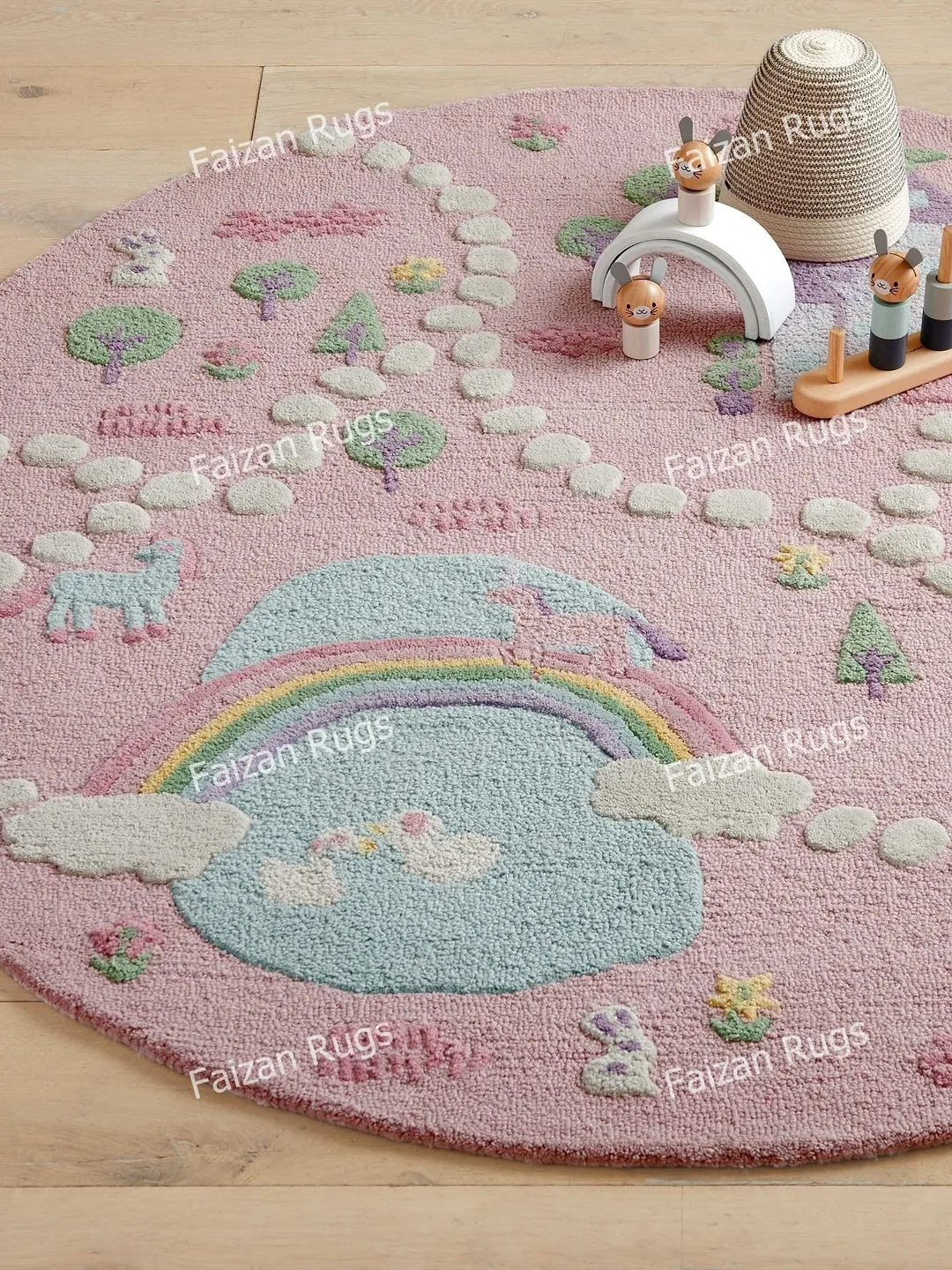 Buy Unicorn Castle Pink Round Hand Woven 100% Wool Rugs for kids room l Living room l Bed room in Various size 4x4 l 5x5 l 6x6 l 7x7 l 8x8