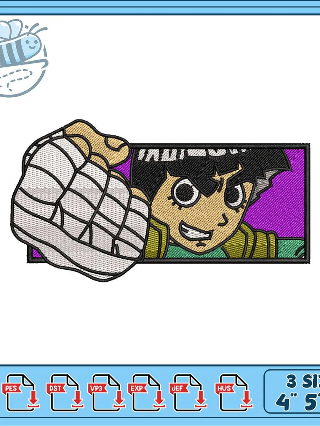 Rock Lee Fist Punch Embroidery Design, Anime Patch Machine Embroidery File, Chibi Fighter Laughing Embroidery, Naruto Character Badge