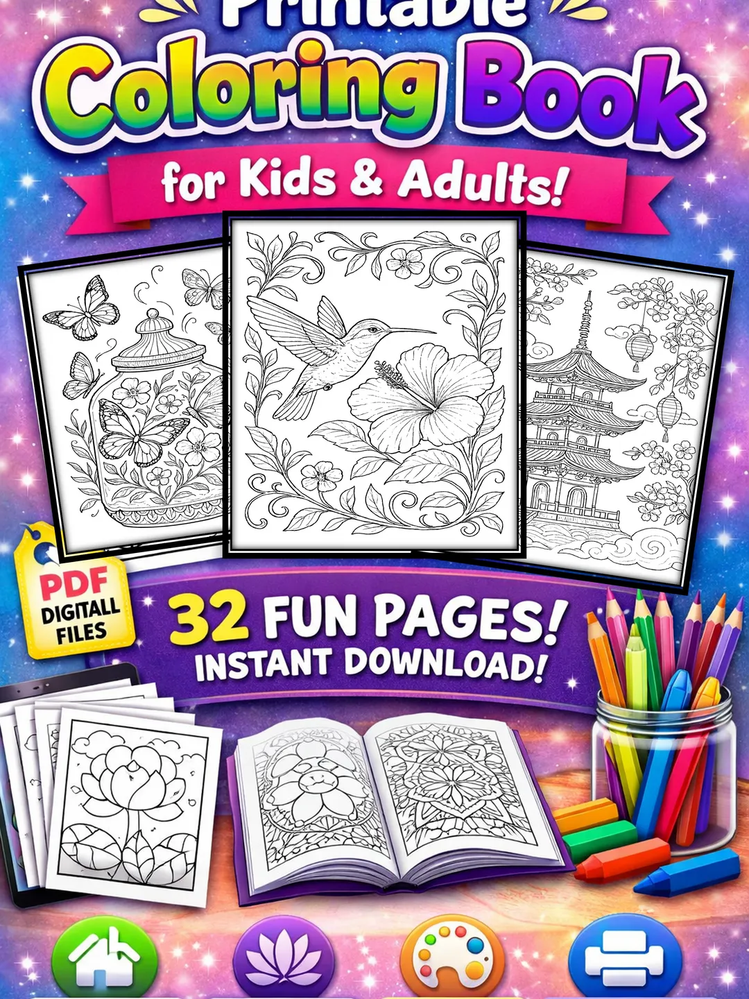 32-page coloring book for kids and adults