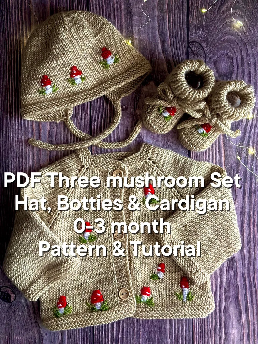 Mushroom Set of 3 PDF Knitting Patterns & Tutorials - Baby Cardigan, Hat and Booties - Beginner-Friendly - eng only