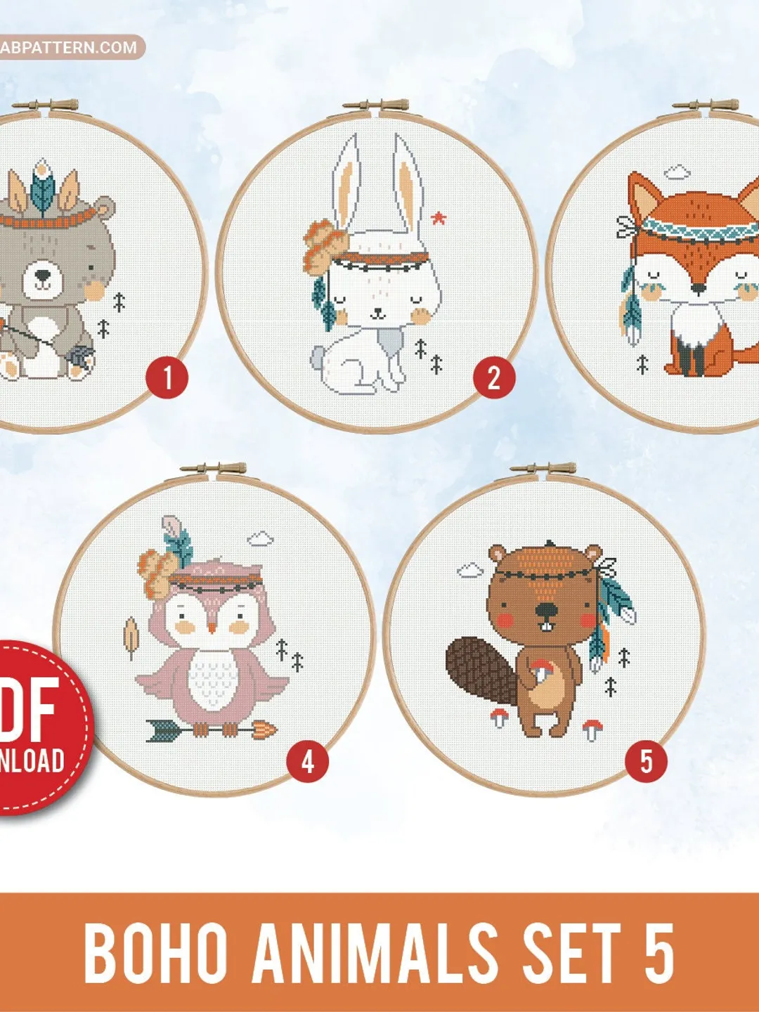 Bundle of 5 animals Boho style cross stitch pattern bear bunny owl fox beaver nursery decor counted chart gift DIY embroidery instant PDF