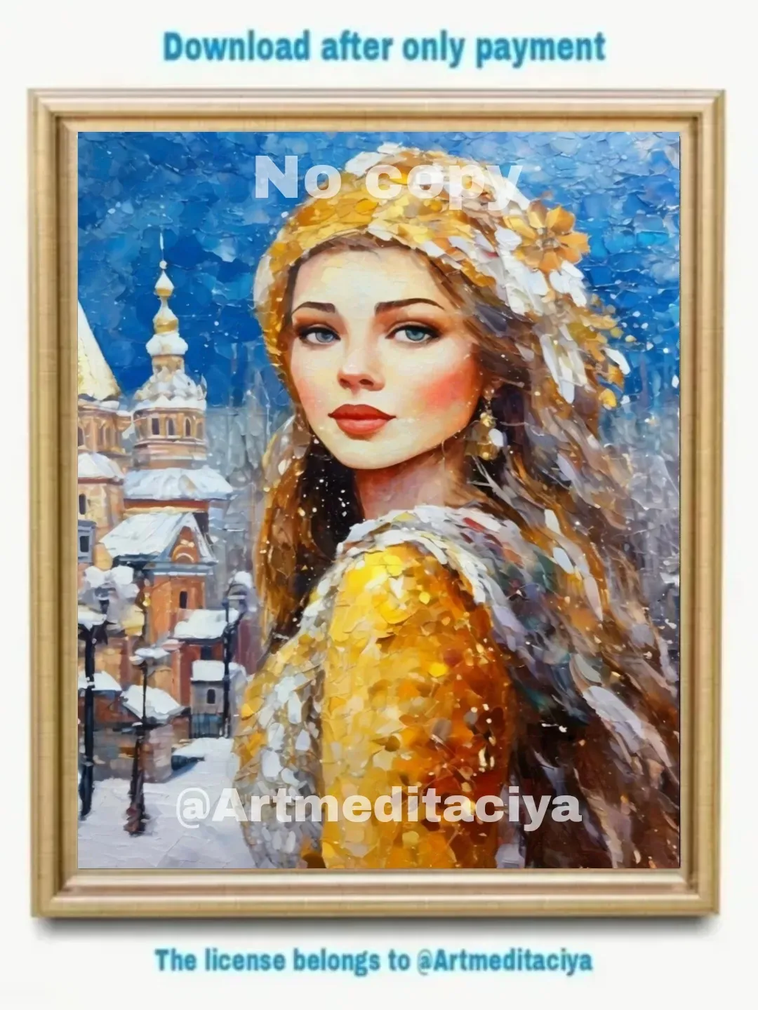 Digital abstract texture painting "Russian Winter", a blue-eyed blonde in a white and yellow winter outfit on an abstract winter background of an ancient Novgorod landscape, made in the ethnic style of oil painting with a palette knife