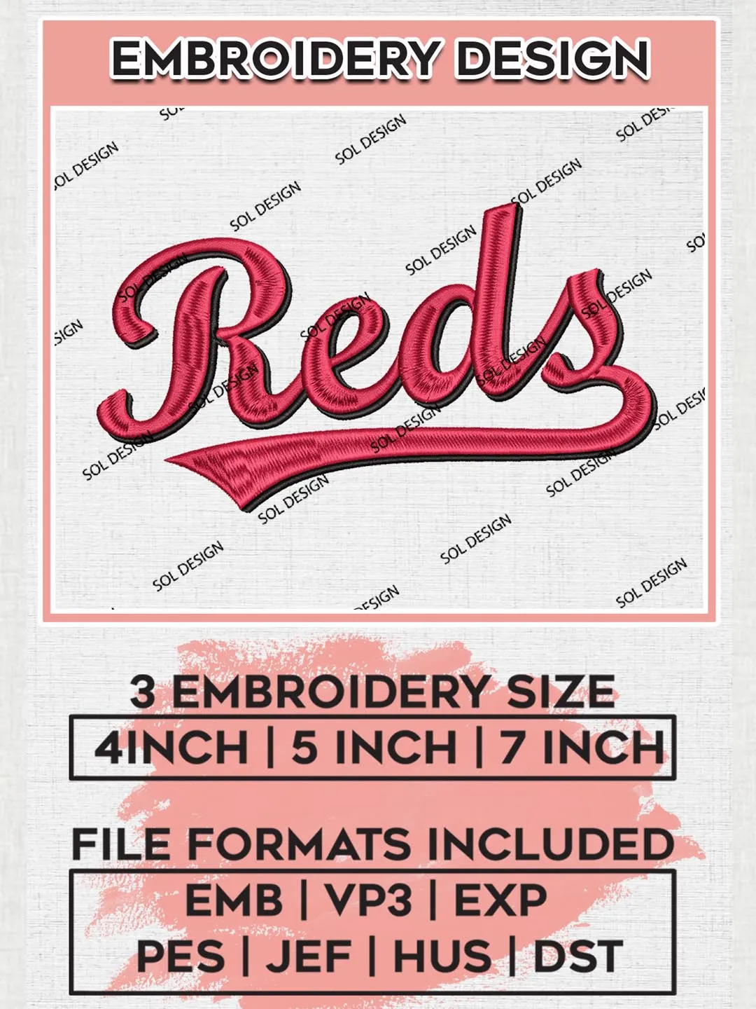 MLB Reds Wordmark Logo Embroidery Files, MLB Cincinnati Reds Team Embroidery, MLB Teams, 3 sizes, MLB Machine embroidery designs, Digital Download