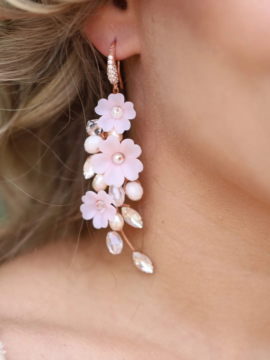 Floral Rose Gold Long Wedding Earrings, Chandelier Statement Bridal Earrings, Bohemian Wedding Jewelry, Boho Wedding Earrings, Gift for Her