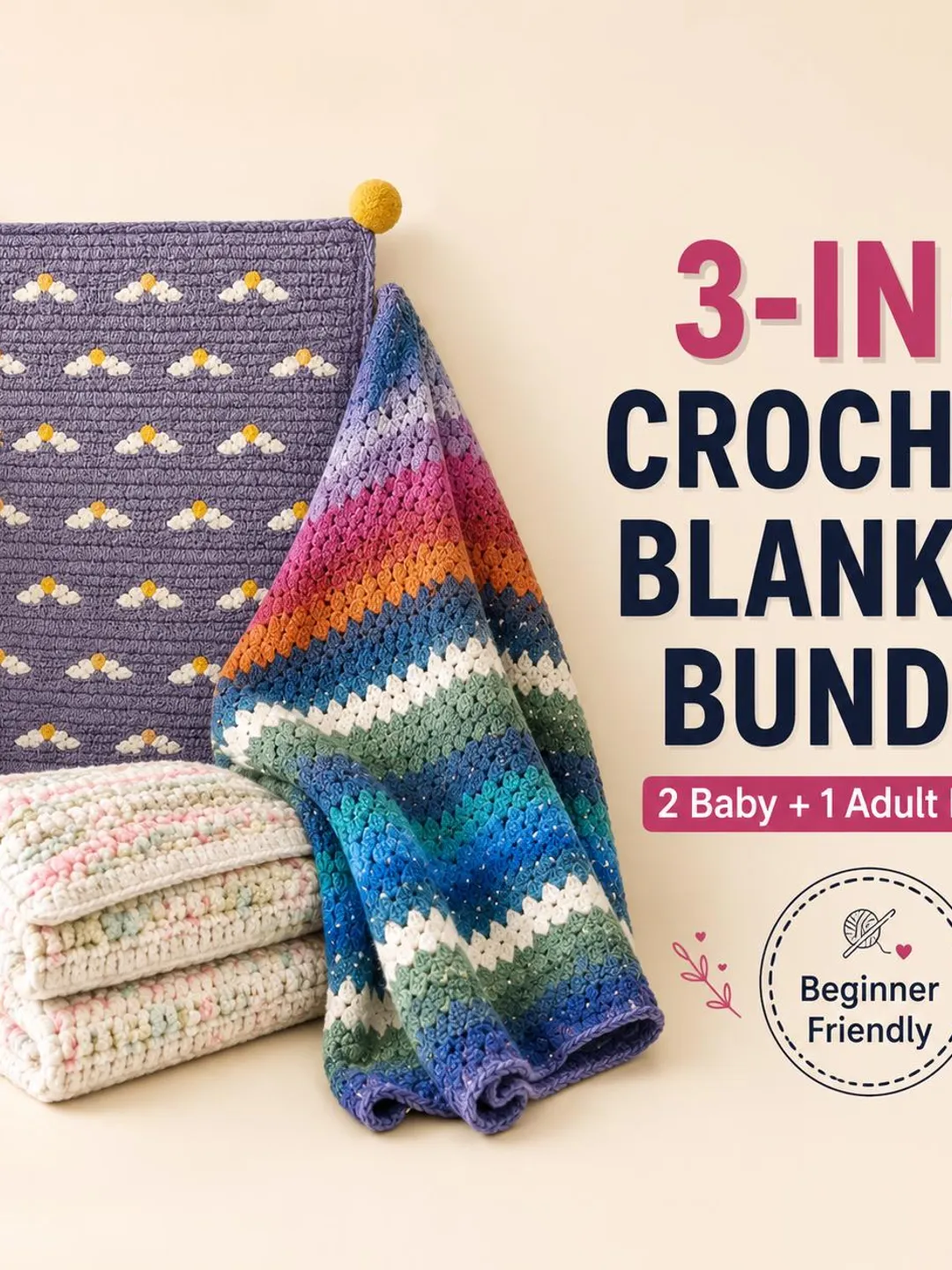 3 Crochet Blanket Patterns Bundle | Baby Blanket + Adult Blanket Pattern | Easy Crochet Blanket PDF | Cloud Blanket, Pastel Baby Blanket