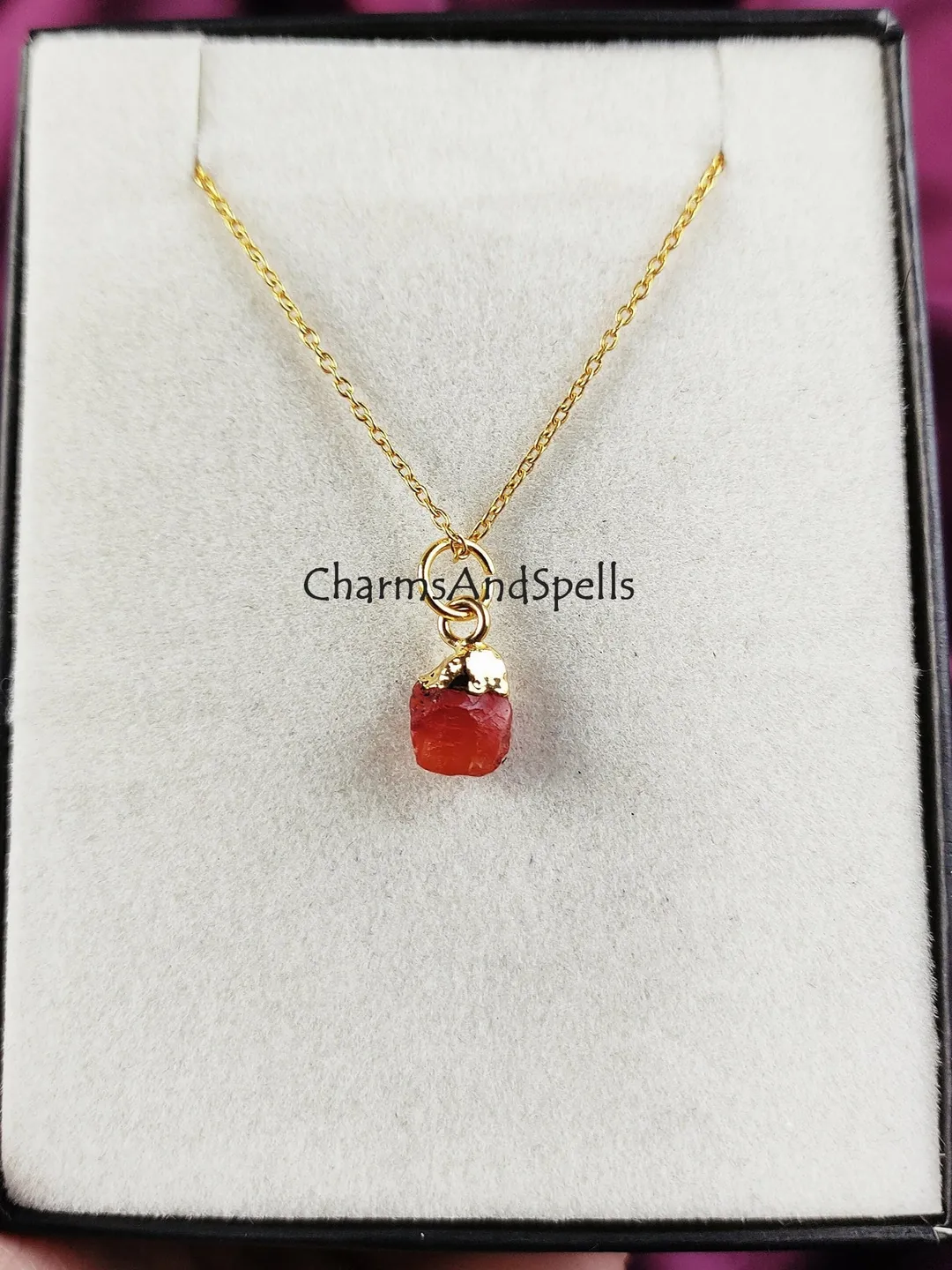 Carnelian Necklace, Raw Carnelian Charm Necklace, Orange Crystal Electroplated Necklace, July Birthstone, Raw carnelian necklace, Gift