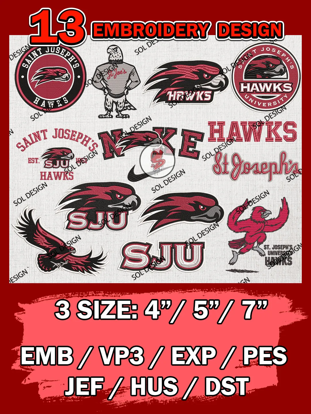13 NCAA Saint Josephs Hawks Bundle Embroidery Files, NCAA Saint Josephs Hawks Team Bundle Embroidery Designs, NCAA Teams, National College Football Team 3 sizes, NCAA Saint Josephs Machine Embroidery, Digital Download