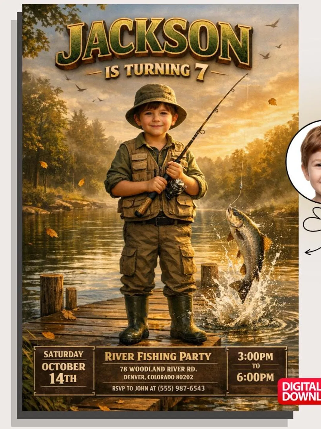 Custom Fishing Birthday Invitation, River Party Photo Invite (Digital Download)